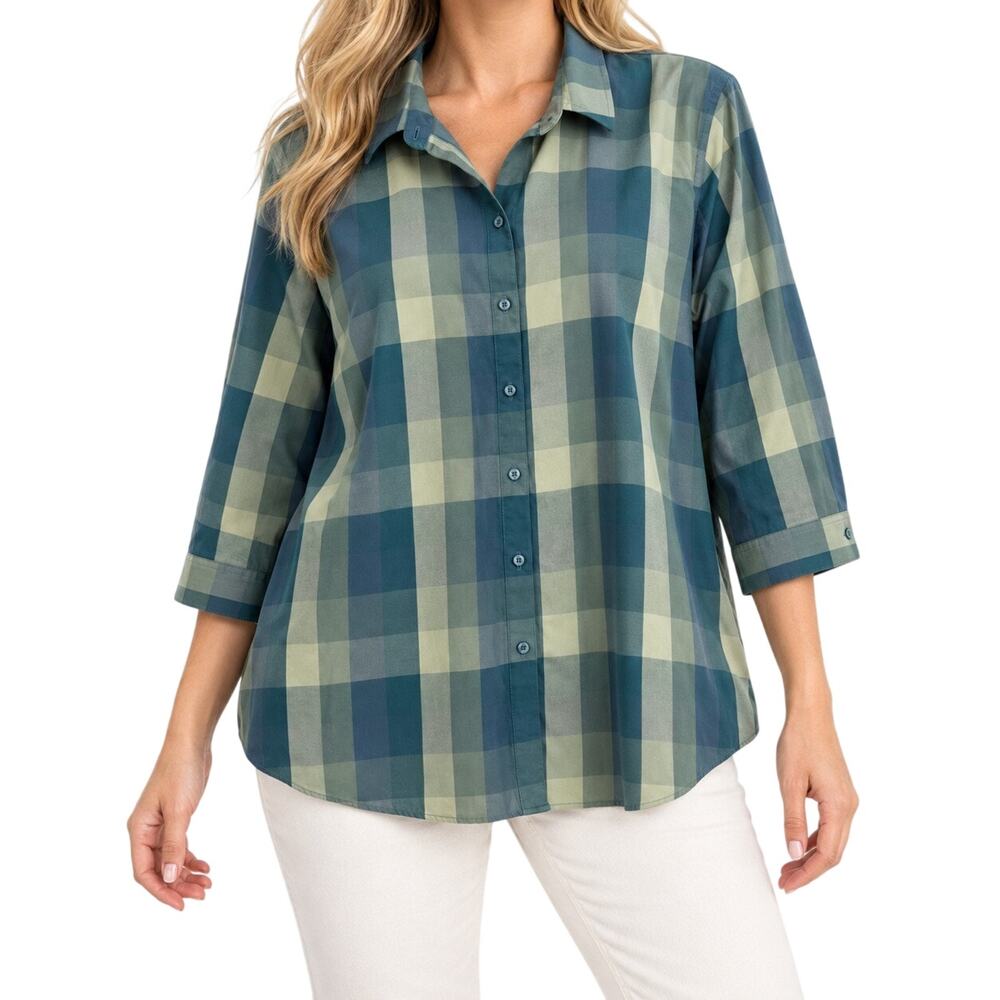 Coldwater Creek Sz 24W Green Plaid Blouse Shirt Top Artsy Fall Autumn Winter